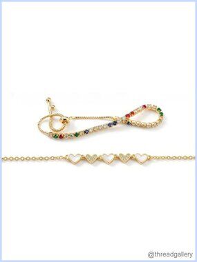 2 Pc Adjustable Tennis Bracelet Set 14K Gold Plated CZ Heart